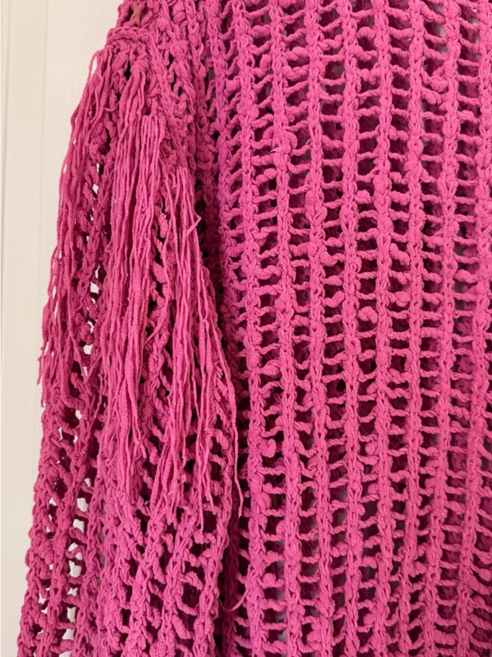 Fantastic Fawn Open-Knit Fringe Sweater — Fuchsia Pink - Picture 4 of 7